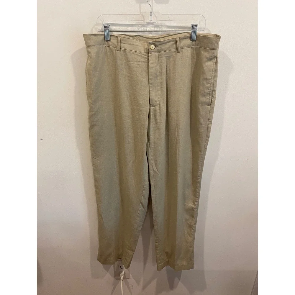 Mens Khaki Linen Blend Flat Front Dress Pants Casual Trousers 36x30